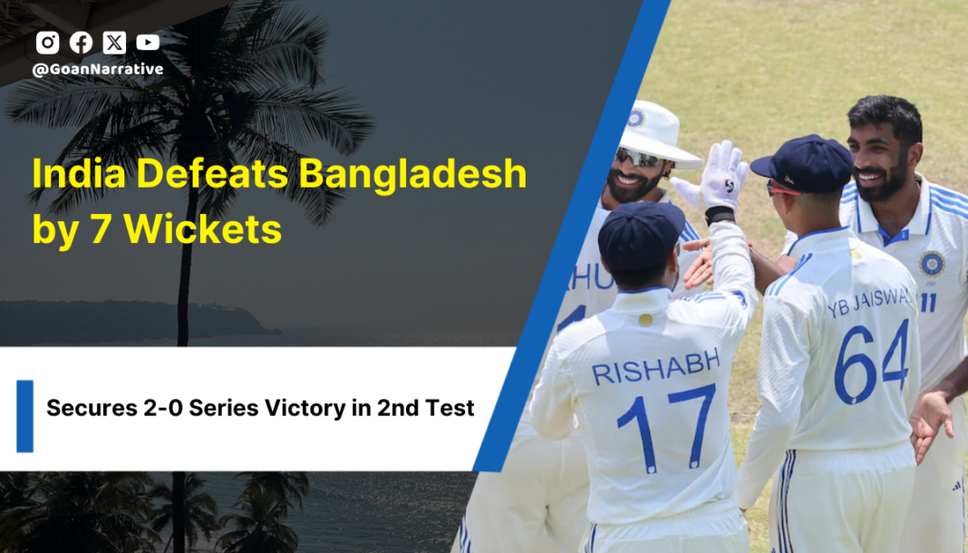 India Defeats Bangladesh by 7 Wickets, Secures 2-0 Series Victory in 2nd Test