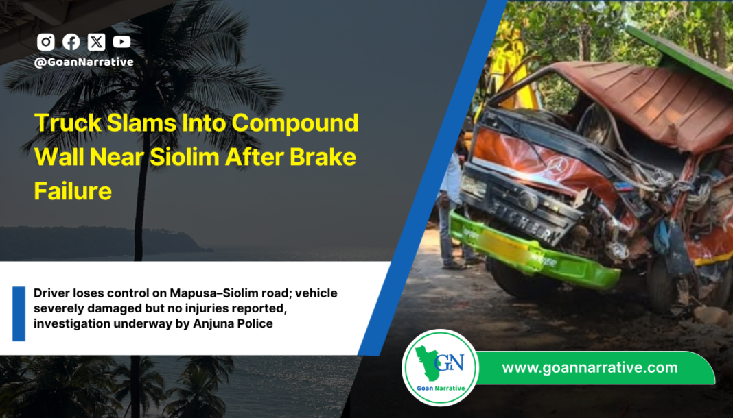 Truck Slams Into Compound Wall Near Siolim After Brake Failure