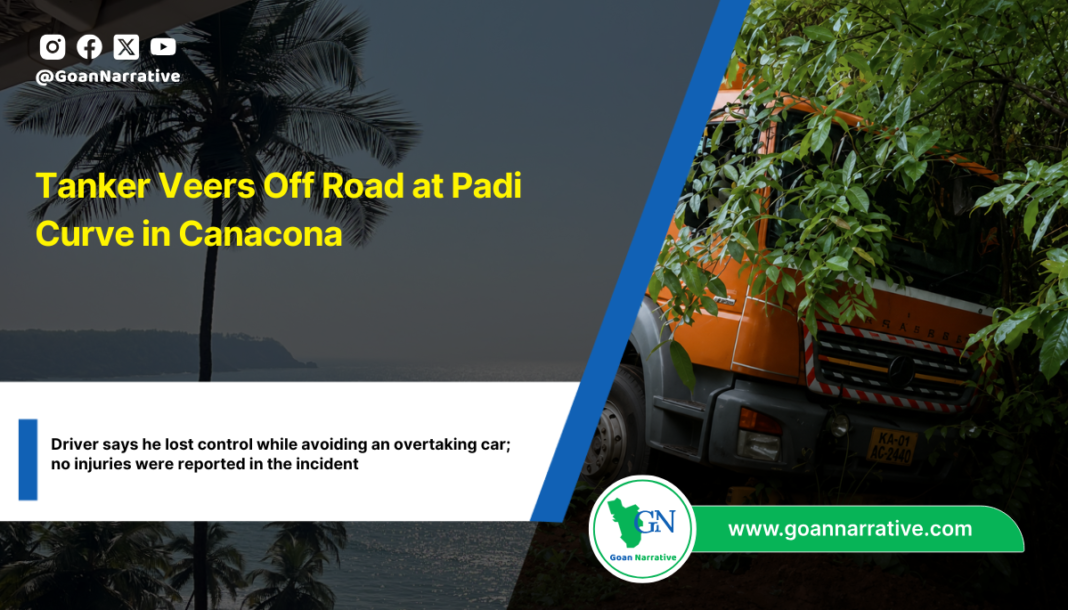 Tanker Veers Off Road at Padi Curve in Canacona