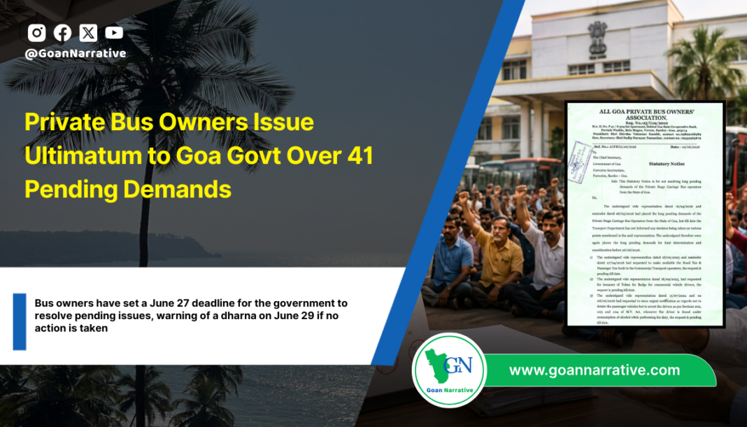 Private Bus Owners Issue Ultimatum to Goa Govt Over 41 Pending Demands