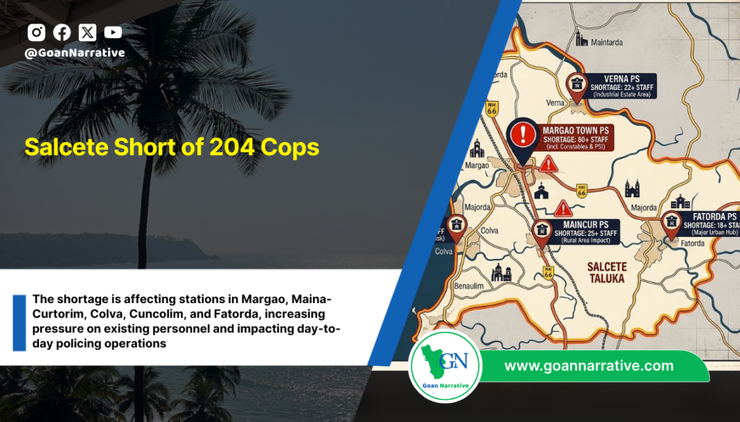 The shortage is affecting stations in Margao, Maina-Curtorim, Colva, Cuncolim, and Fatorda, increasing pressure on existing personnel and impacting day-to- day policing operations