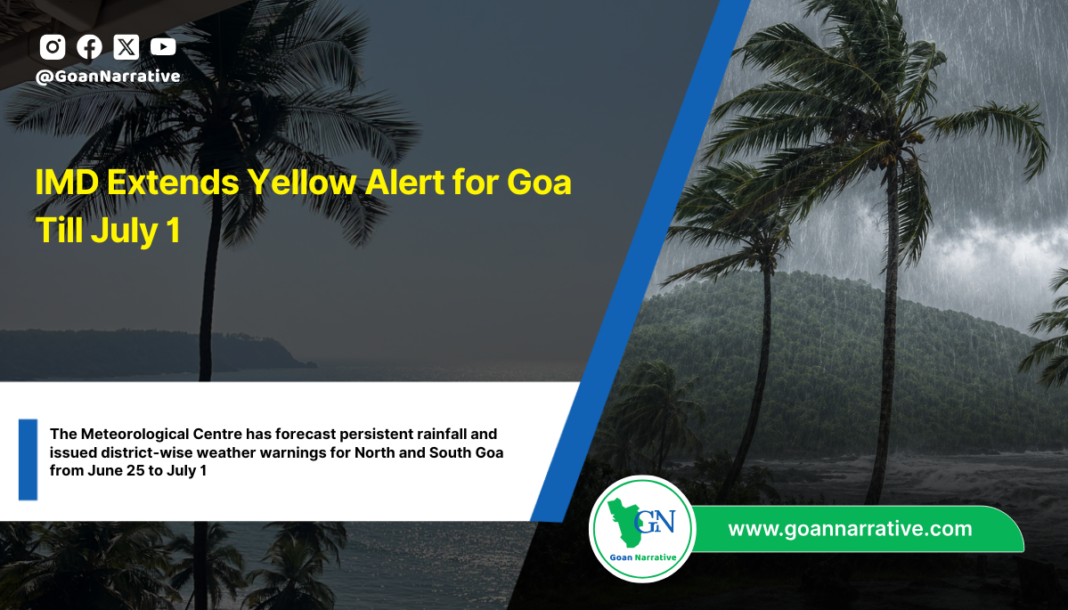 The Meteorological Centre has forecast persistent rainfall and issued district-wise weather warnings for North and South Goa from June 25 to July 1