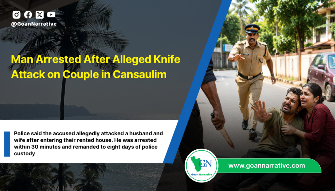 Police said the accused allegedly attacked a husband and wife after entering their rented house. He was arrested within 30 minutes and remanded to eight days of police custody