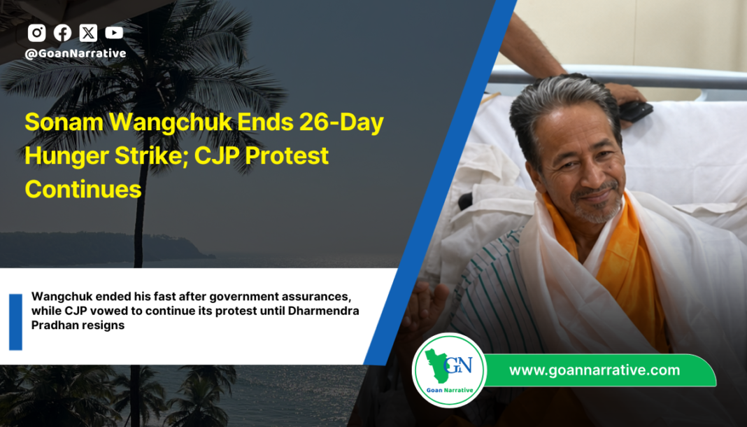 Wangchuk ended his fast after government assurances, while CJP vowed to continue its protest until Dharmendra Pradhan resigns