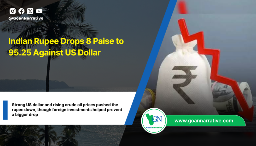 Strong US dollar and rising crude oil prices pushed the rupee down, though foreign investments helped prevent a bigger drop